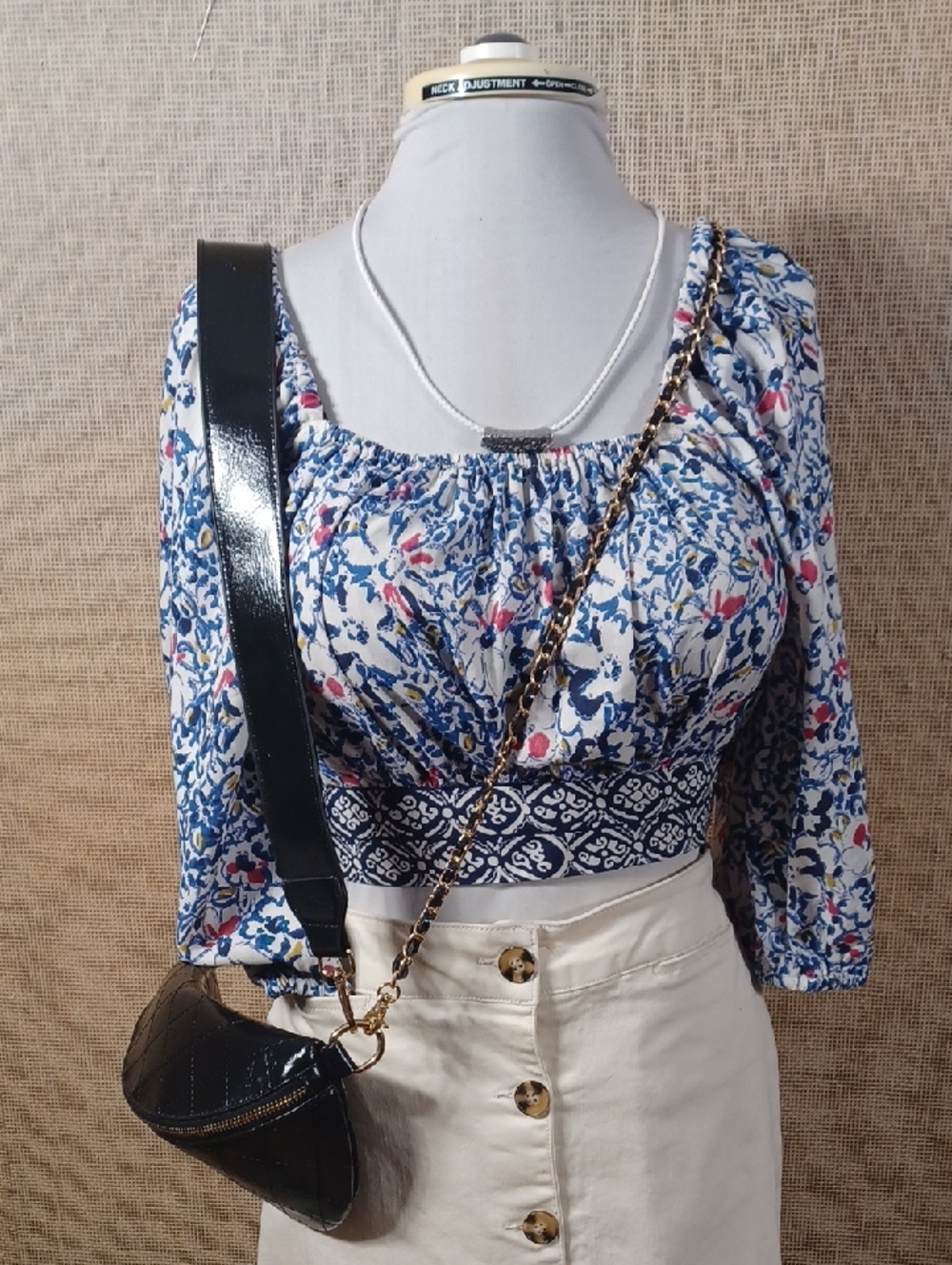 Angie White Blue Floral Smocked Waist Peasant Blouse